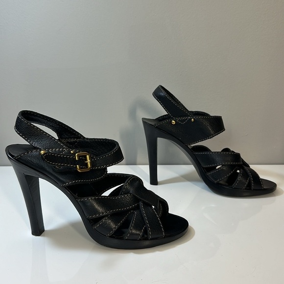 Chloe Black Leather Strap Stacked Sandal Heels Size 40 - Picture 2 of 16